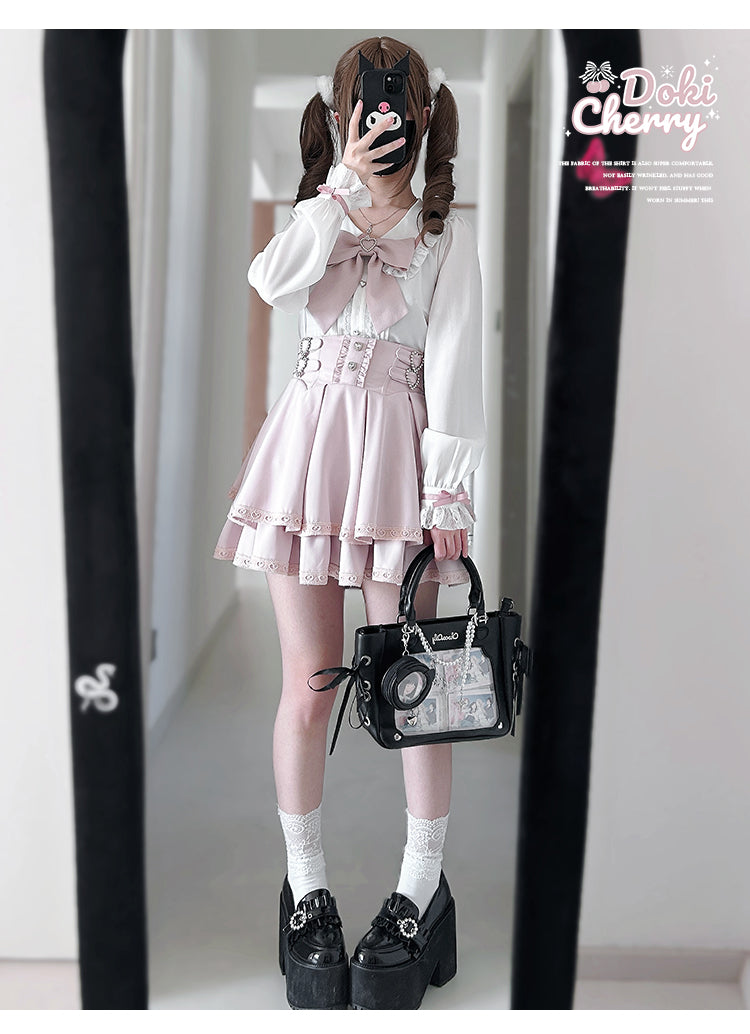 Jirai Kei Outfit A-Line Skirt and Long-Sleeved Blouse with Rhinestone Bow 42520:744282