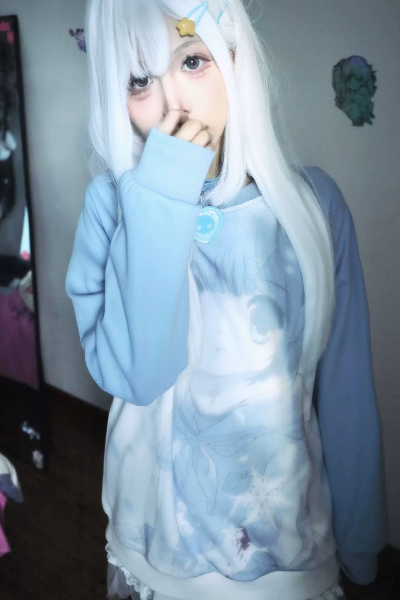 Jirai Kei Blue Sweatshirt Anime Girl Printed Sweatshirt 33326:430996