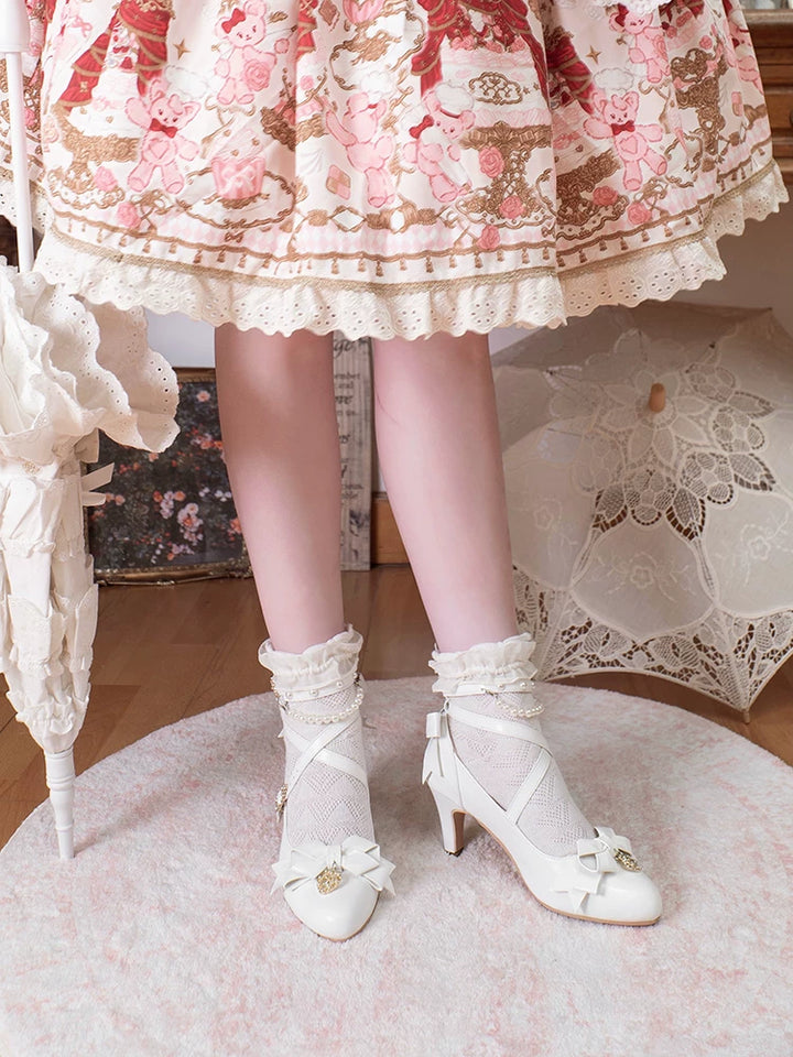 Classic Lolita Pointed Toe High Heels, Pearl-Like & Rhinestone 45841:864878
