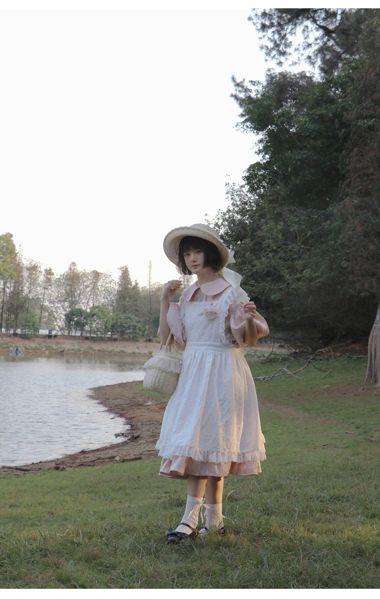 Lolita Dress White Apron Dress Cotton Suspender Skirt 36554:518650