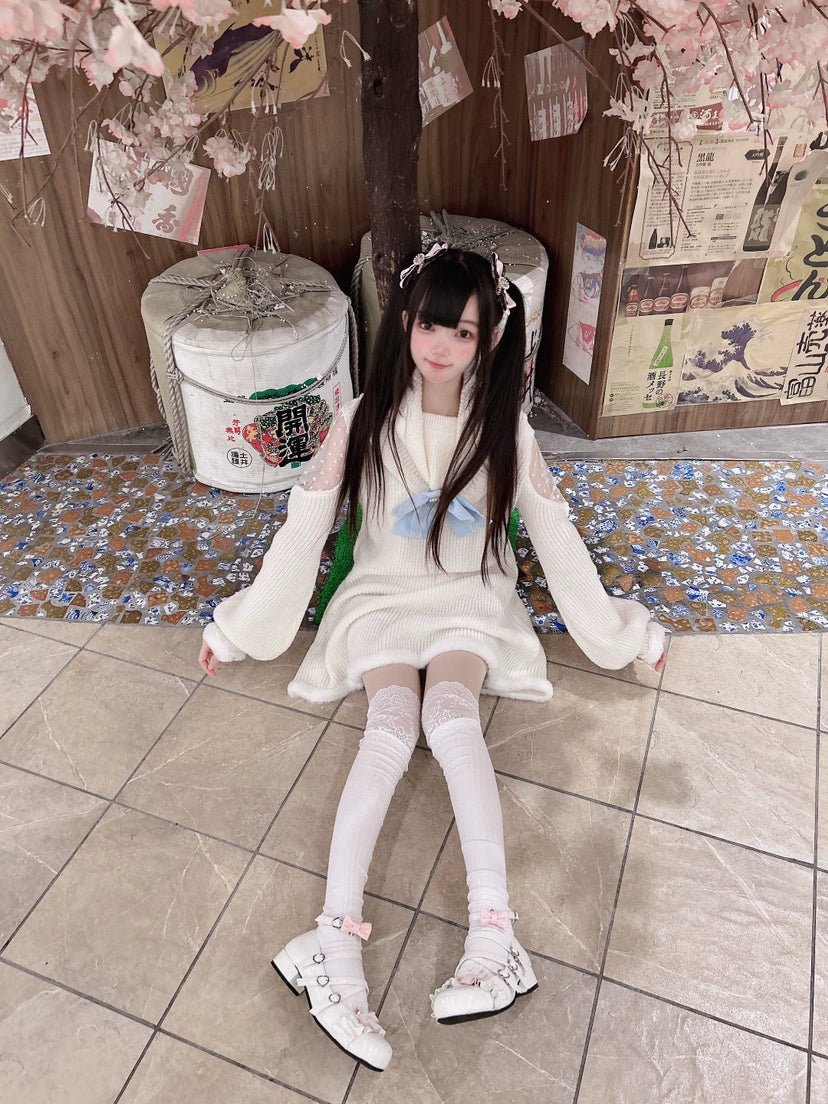 Jirai Kei White Sweater Dress Off-Shoulder Lace Dress 31844:372110