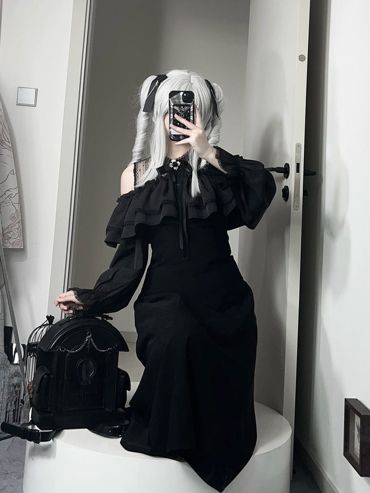 Gothic Black Open-Shoulder Long Dress 44168:798396