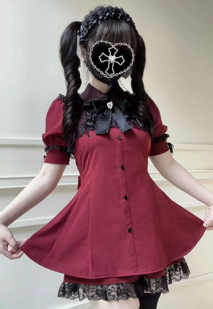 Jirai Kei Set Up Short Sleeve Lace Dress And Shorts Set 37462:559380