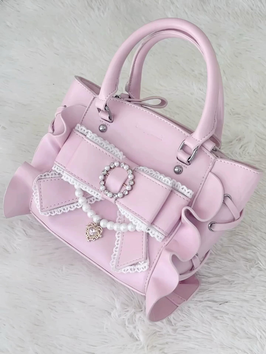 Jirai Kei Handbag, Rhinestone Pendant & Large Bow (Pink) 45102:836248