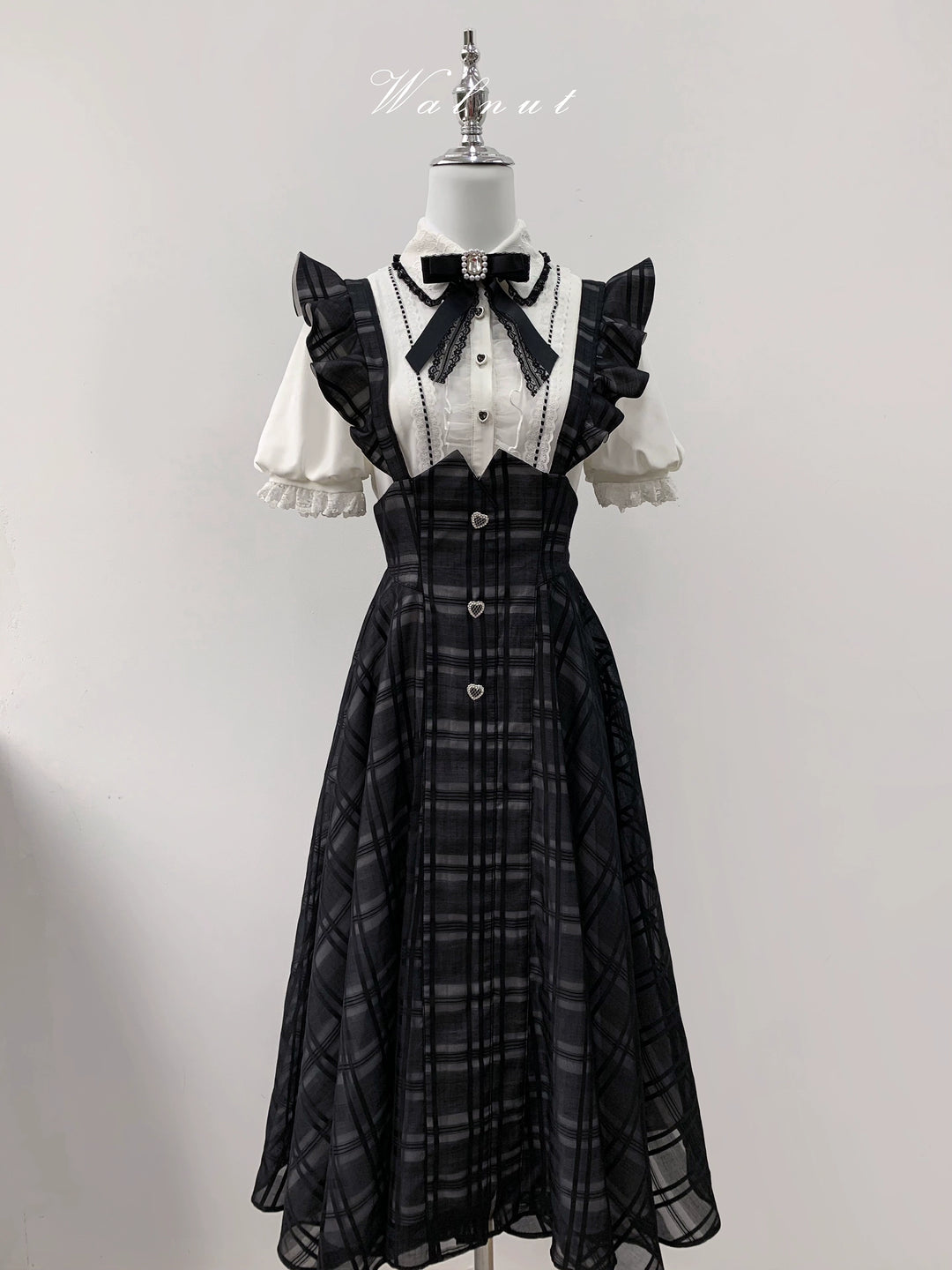 Black Jirai Kei Plaid Suspender Skirt Set with White Blouse 42918:757774