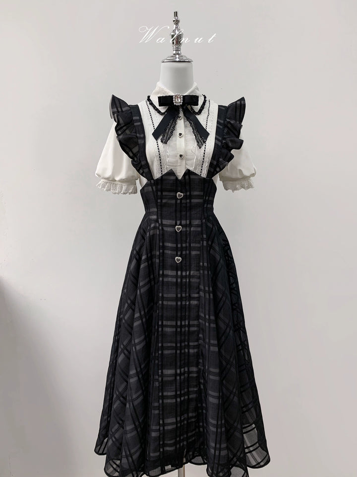 Black Jirai Kei Plaid Suspender Skirt Set with White Blouse 42918:757774