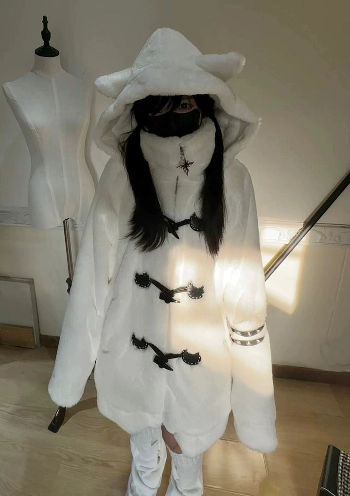 Plus Size Jirai Kei Coat Black White Winter Coat Cat Ear Hooded 40330:658306