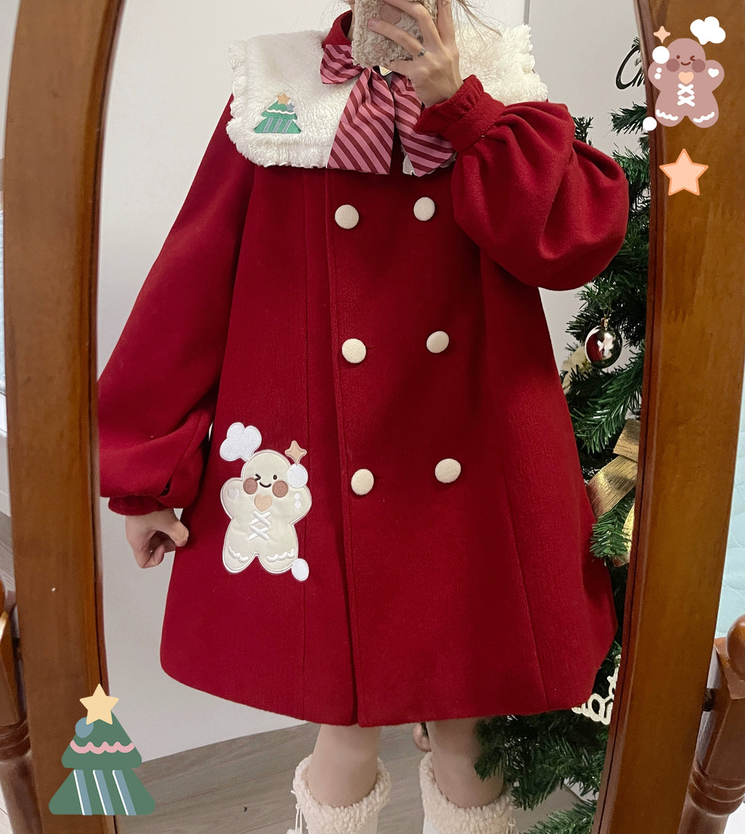 Wine Red Woolen Coat Christmas A-Line Jacket 22662:338266 22662:338266