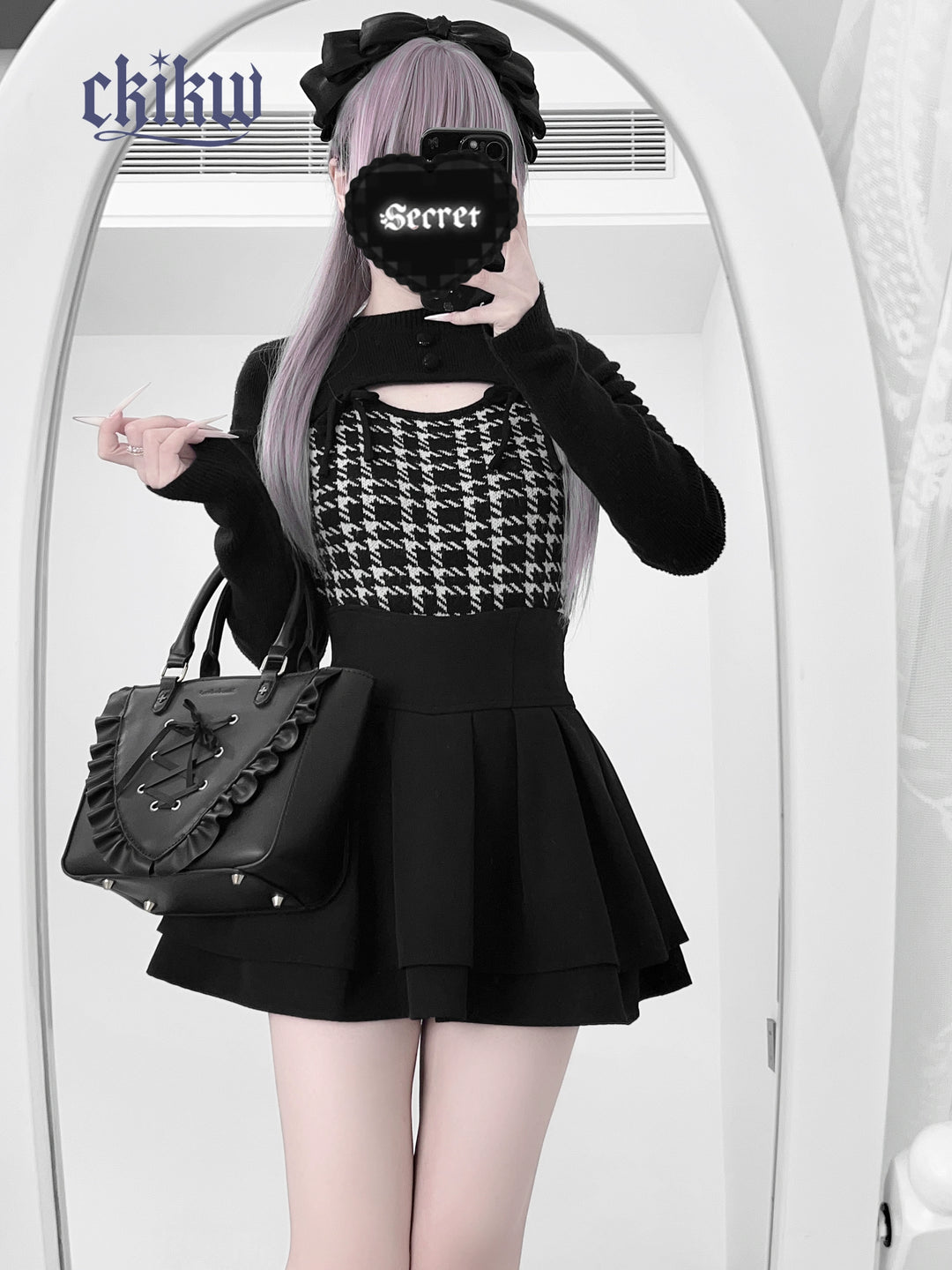 Jirai Kei Long Sleeves Sweater, Houndstooth Patterns 44154:797144