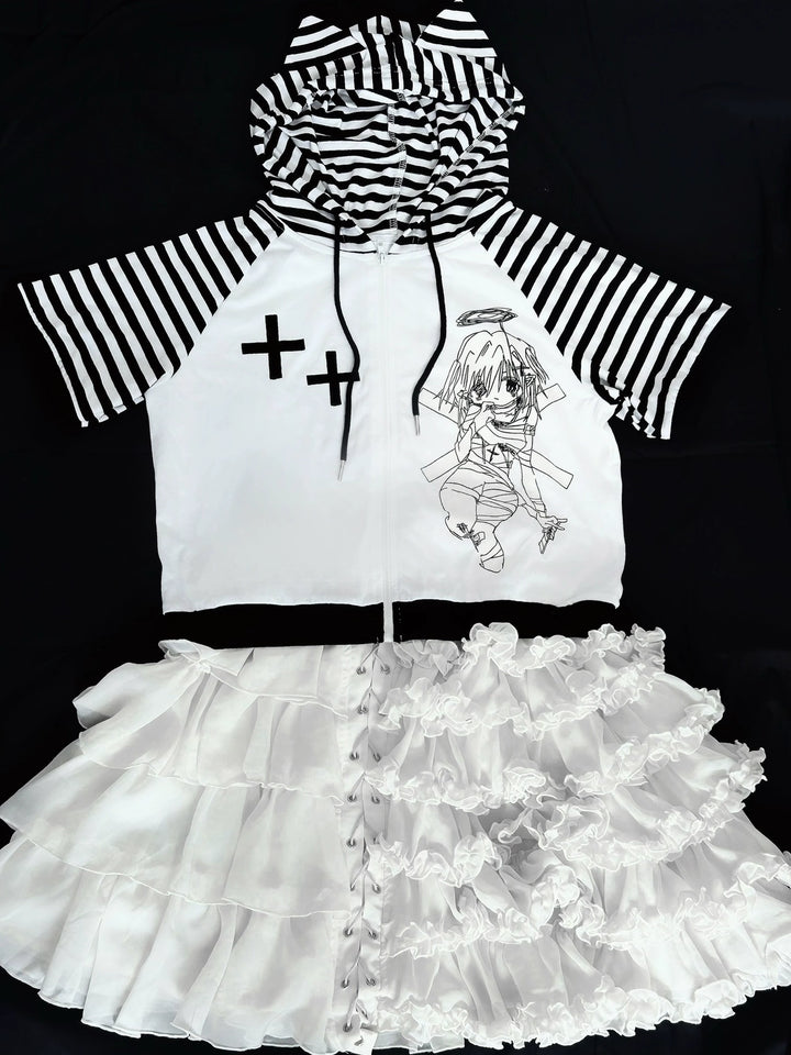 Yami Kawaii T-shirt Black and White Striped Top With Hood 37272:553540 37272:553540