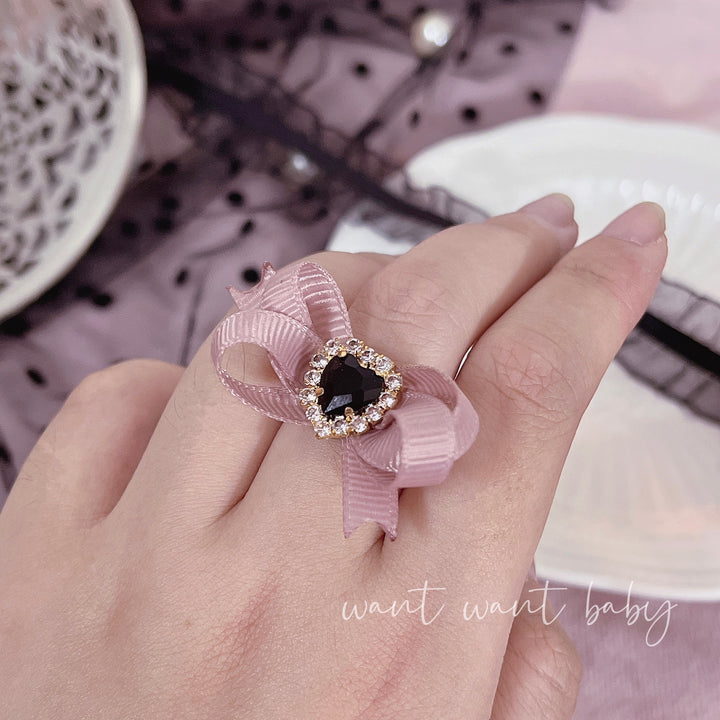 Jirai Kei Lolita Sweet Cool Heart Rhinestone Open Ring (Pink) 21760:312904