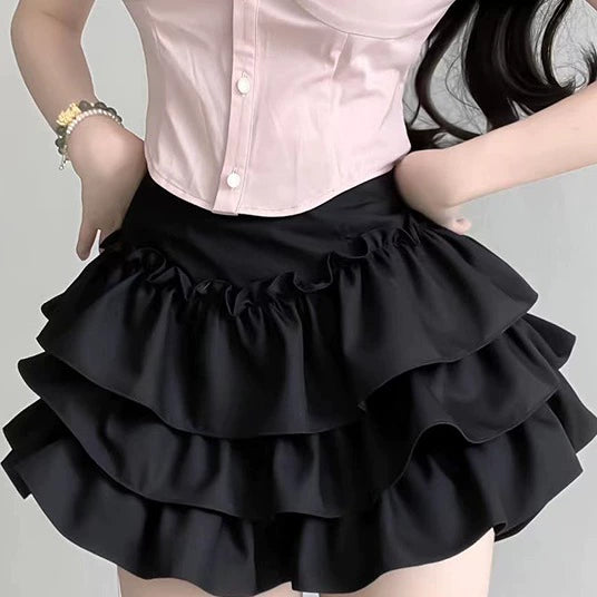 Gyaru Fashion Outfit Puff Sleeves Blouse High Waist Skirt (L M S) 37010:549132