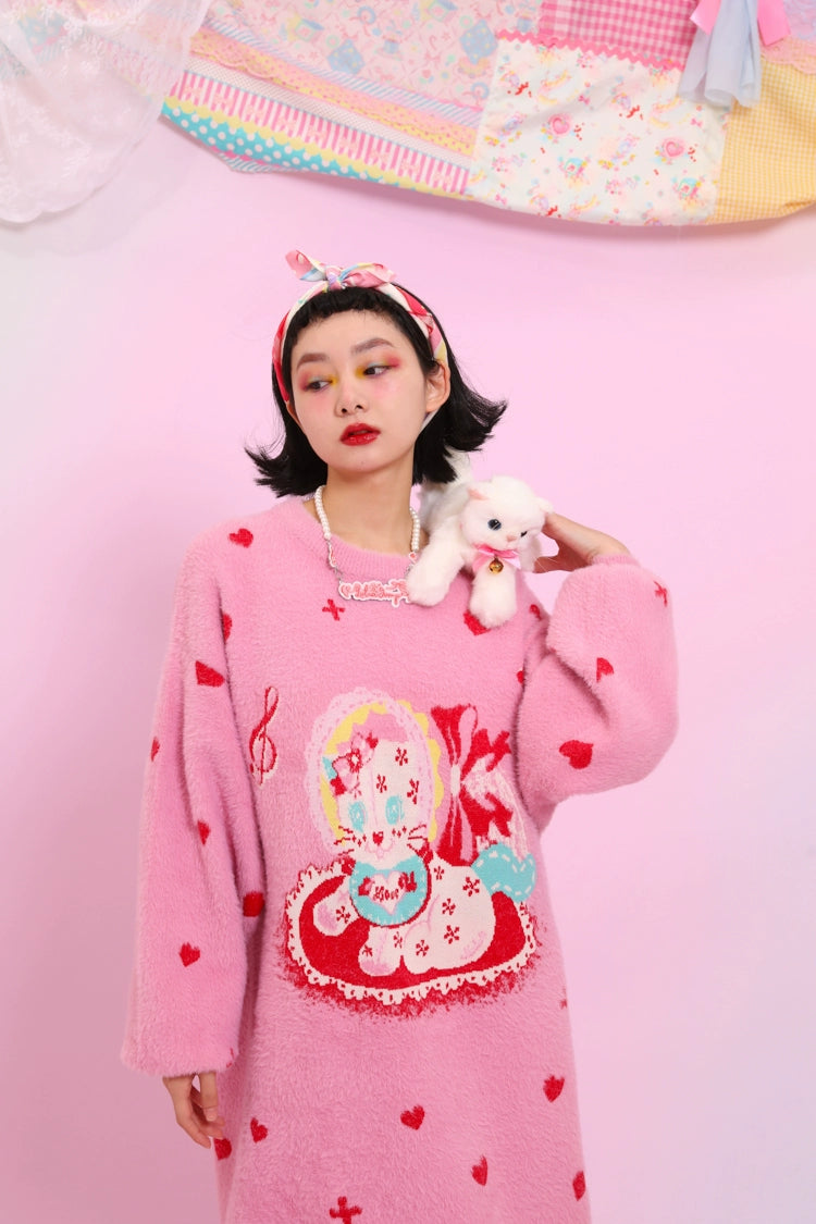 Kawaii Pink Sweater Dress Fluffy Dress With Heart Cat Patterns 31508:367806 31508:367806