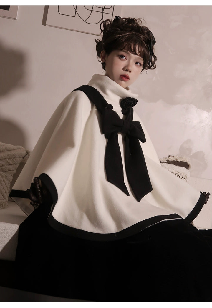 Elegant Lolita Winter Coat Black and White Camellia Cape 40284:658238