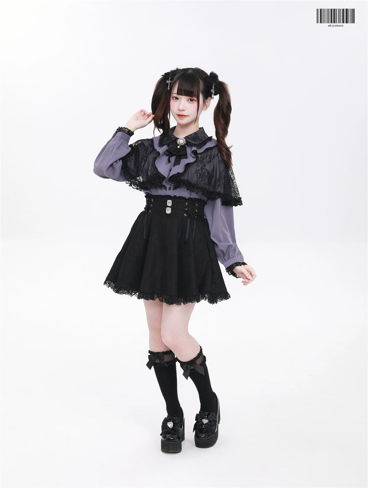 Jirai Kei Skirt Ryousangata Plaid Skirt Lace Suspender Skirt (Black / L M S XS) 41690:724634