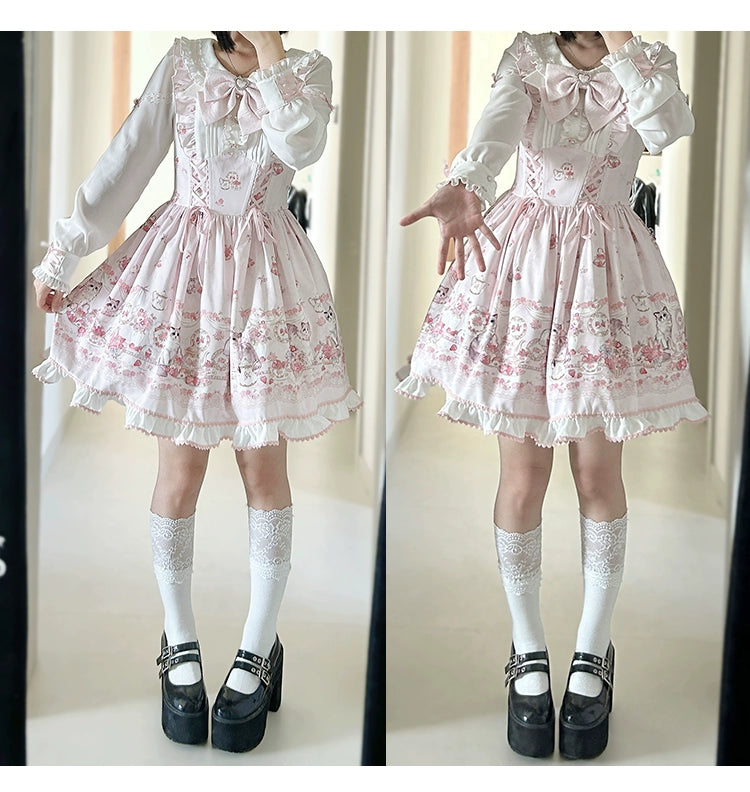 Kawaii Ryousangata Dress Long-sleeved Cat Printed OP Dress 40560:664778