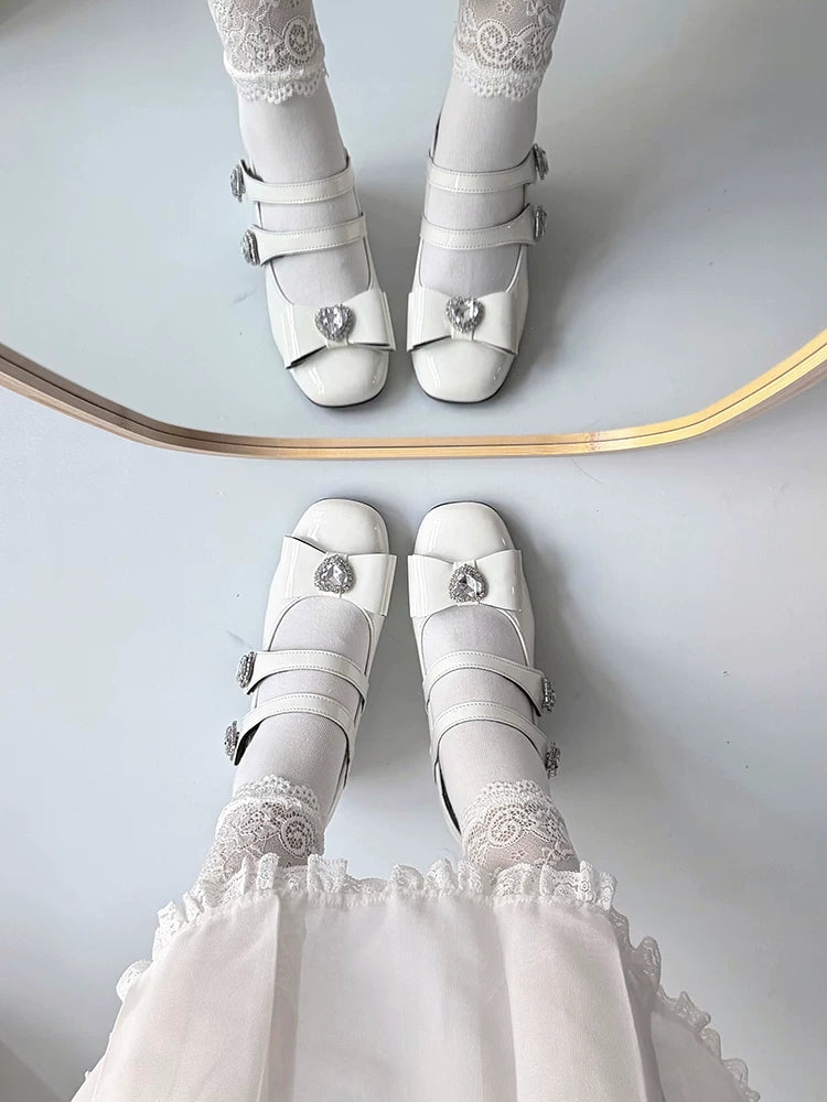 Jirai Kei Square Toe Chunky Heels, Heart rhinestone Details 45840:867431