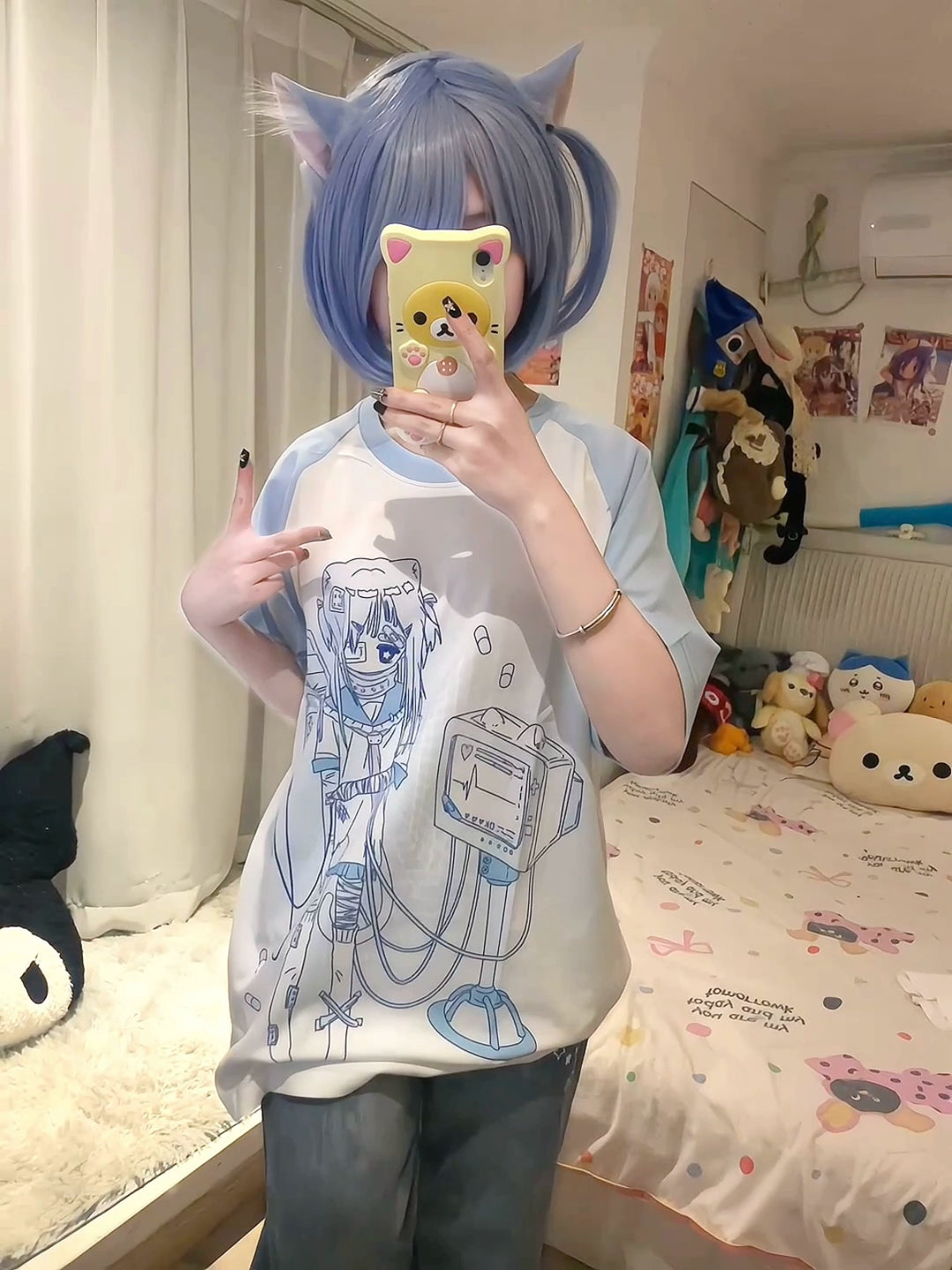 Cotton Jirai Kei T-shirt with Bandaged Girl & ECG Print (2XL L M XL) 42906:757315