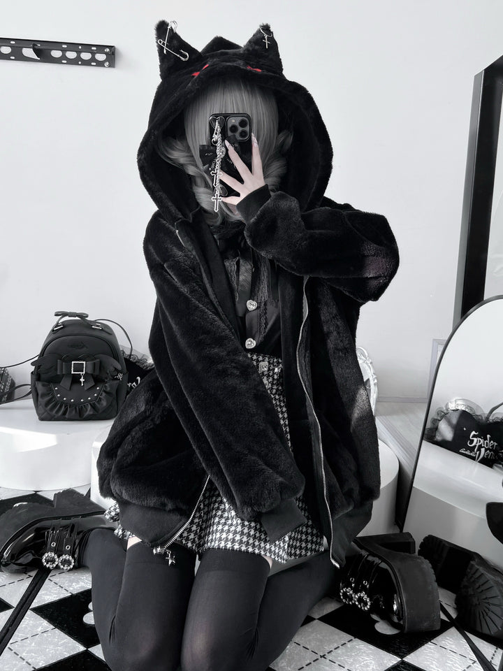 Jirai Kei Coat Plush Black Cat Ear Hoodie Coat For Winter 40866:678816