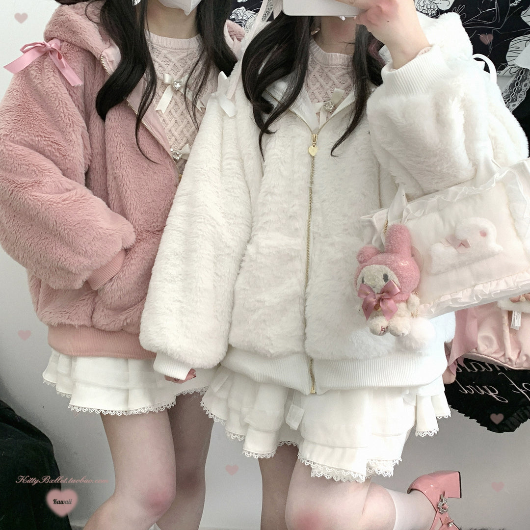 Jirai Kei Winter Coat Bunny Ear Hooded Coat Plush Jacket 40402:666848