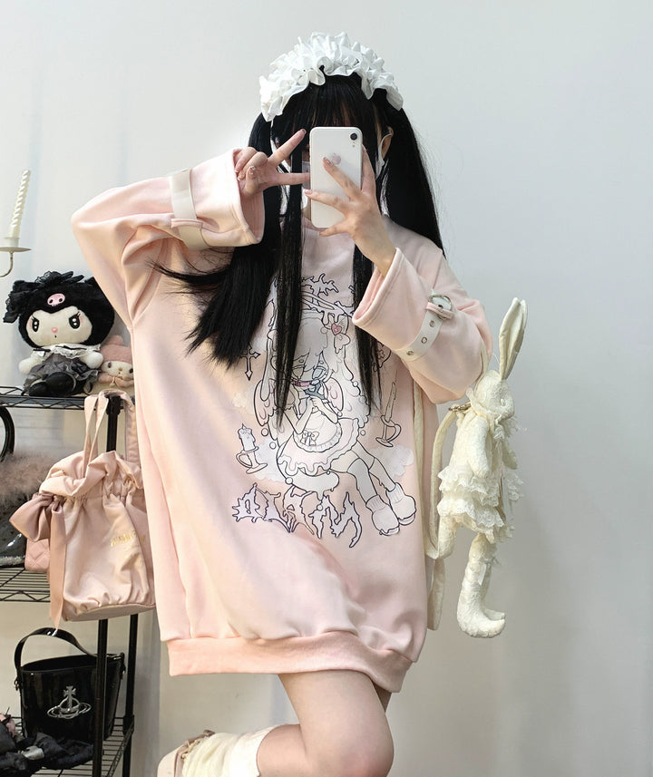 Jirai Kei Fleece Hoodie Pink White Buckle Print Long Hoodie 33356:420438 33356:420438