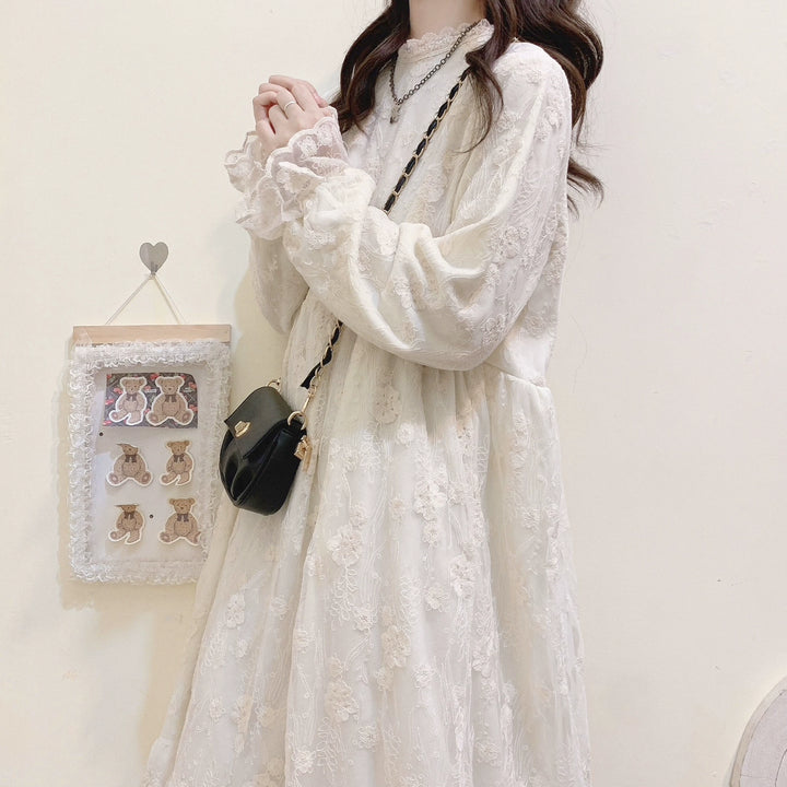 Mori Kei Dress Lace Long Sleeve Fleece-Lined Dress 39434:635832