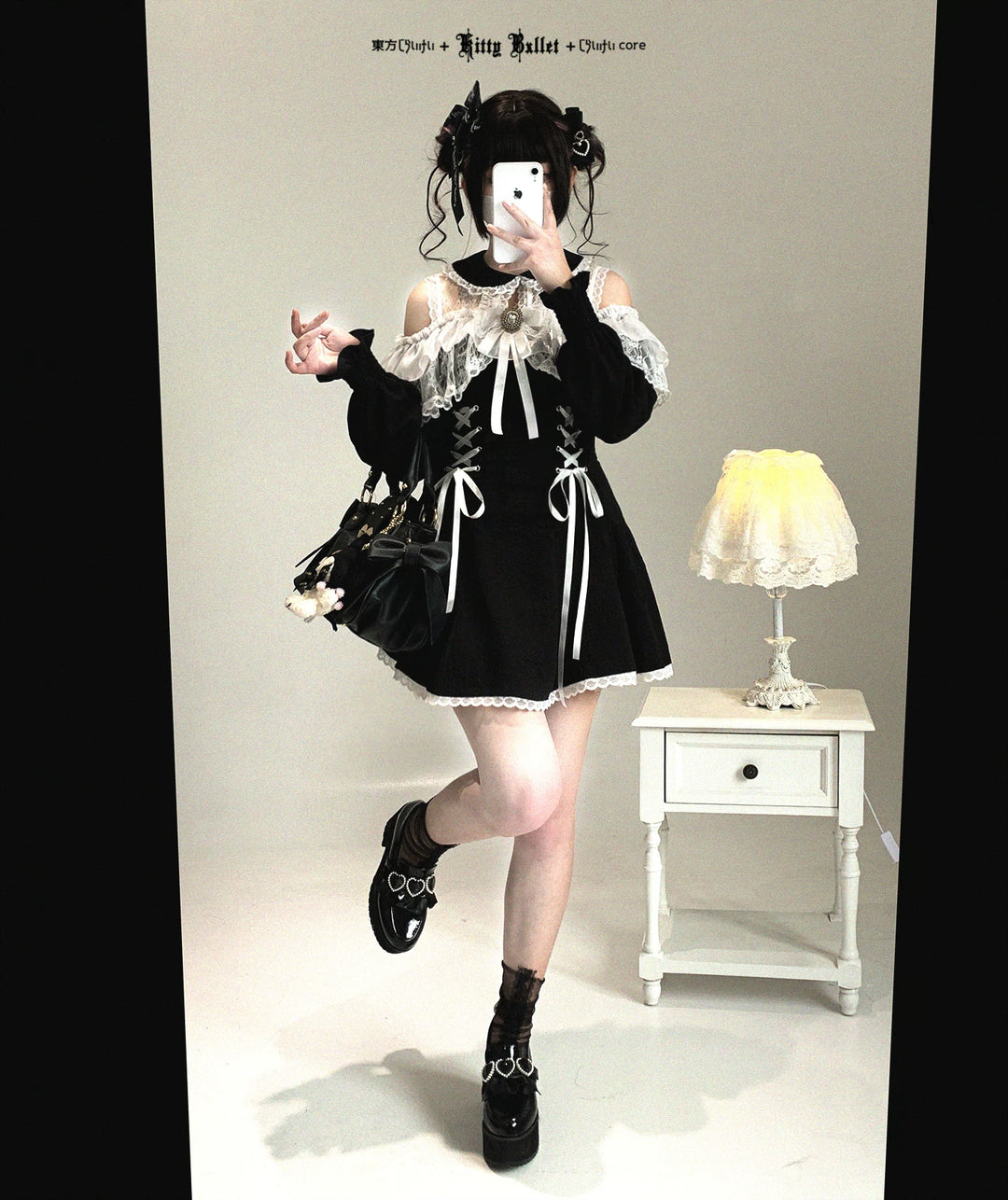 Jirai Kei Open-Shoulder Dress, Bust Lace Flounce Hem 44468:809976