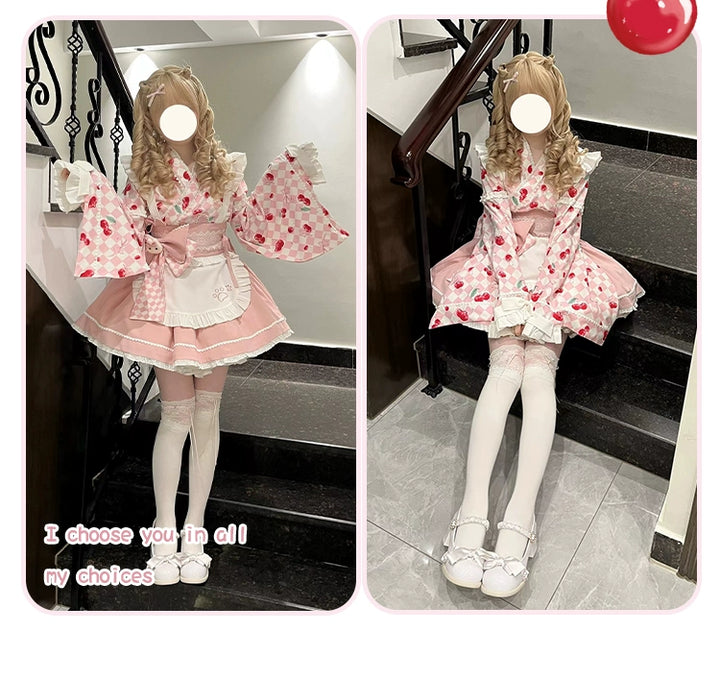 Kimono Lolita Plaid Princess Sleeve Shirt Kawaii Skirt Set 38964:606860