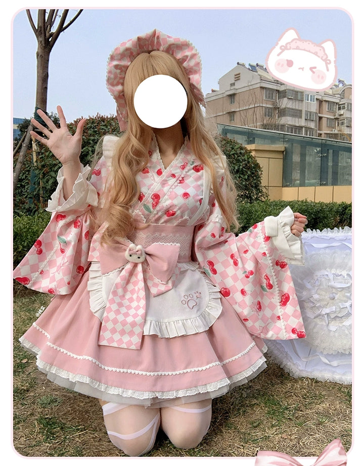 Kimono Lolita Plaid Princess Sleeve Shirt Kawaii Skirt Set 38964:606834