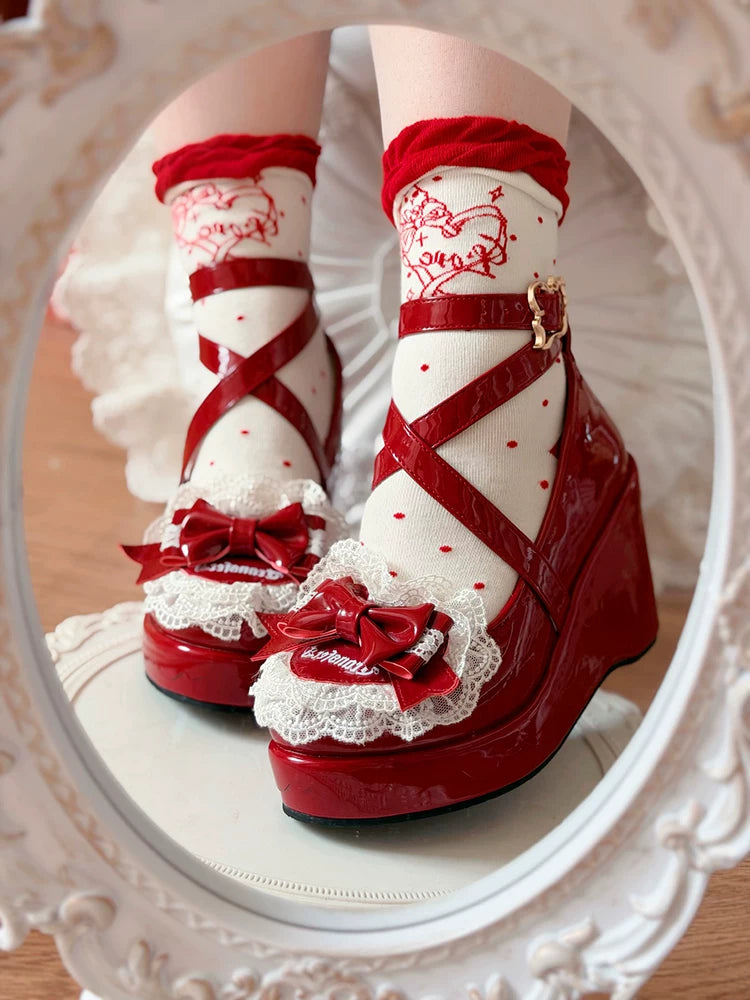 Sweet Lolita Wedge Shoes, Heart & Bow Details 45951:872537