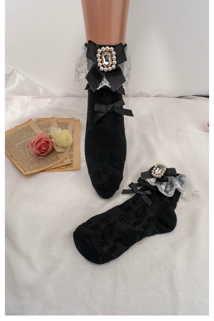 Kawaii Jirai Kei Ribbon White Black Lace Socks 21588:313170