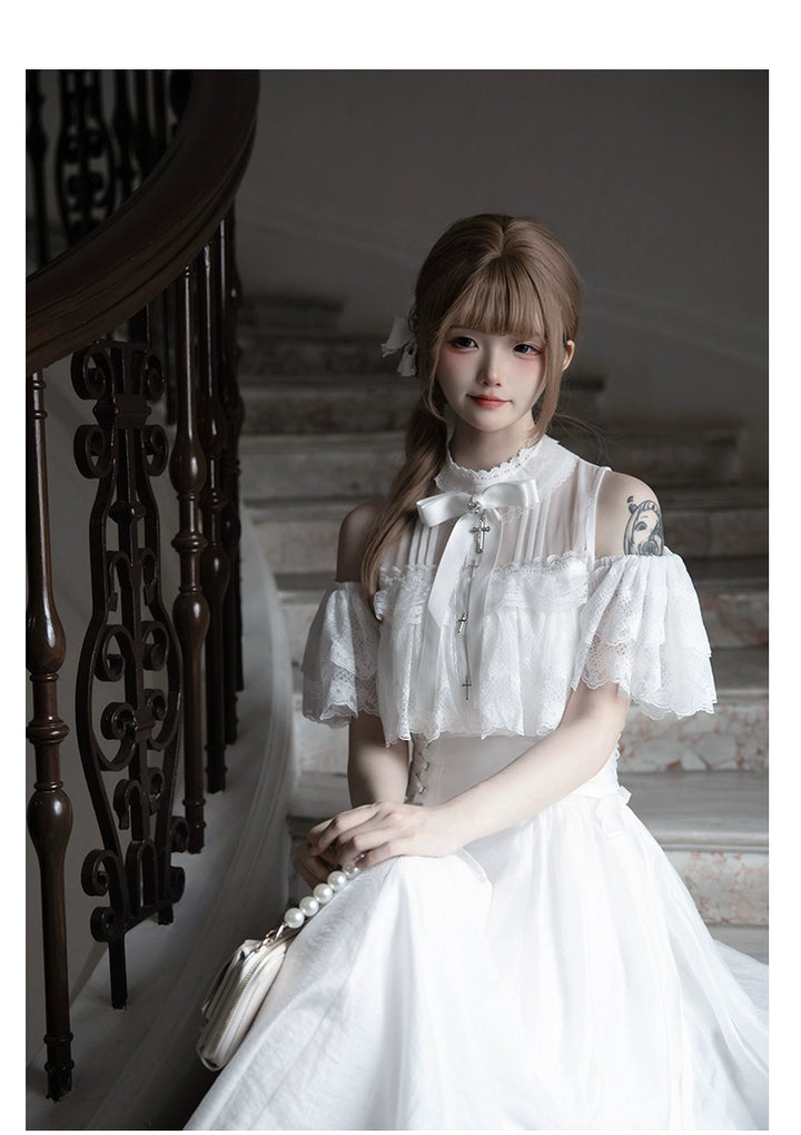 Black / White Jirai Kei Long Dress, Detachable Bow, Cross Detail 43510:778771
