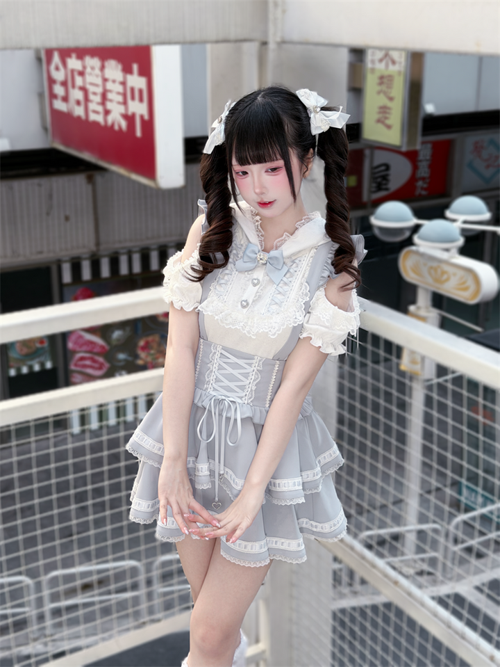 Ryousangata Bunny Ear Hooded Blouse, Tiered Suspender Skirt 45575:858423