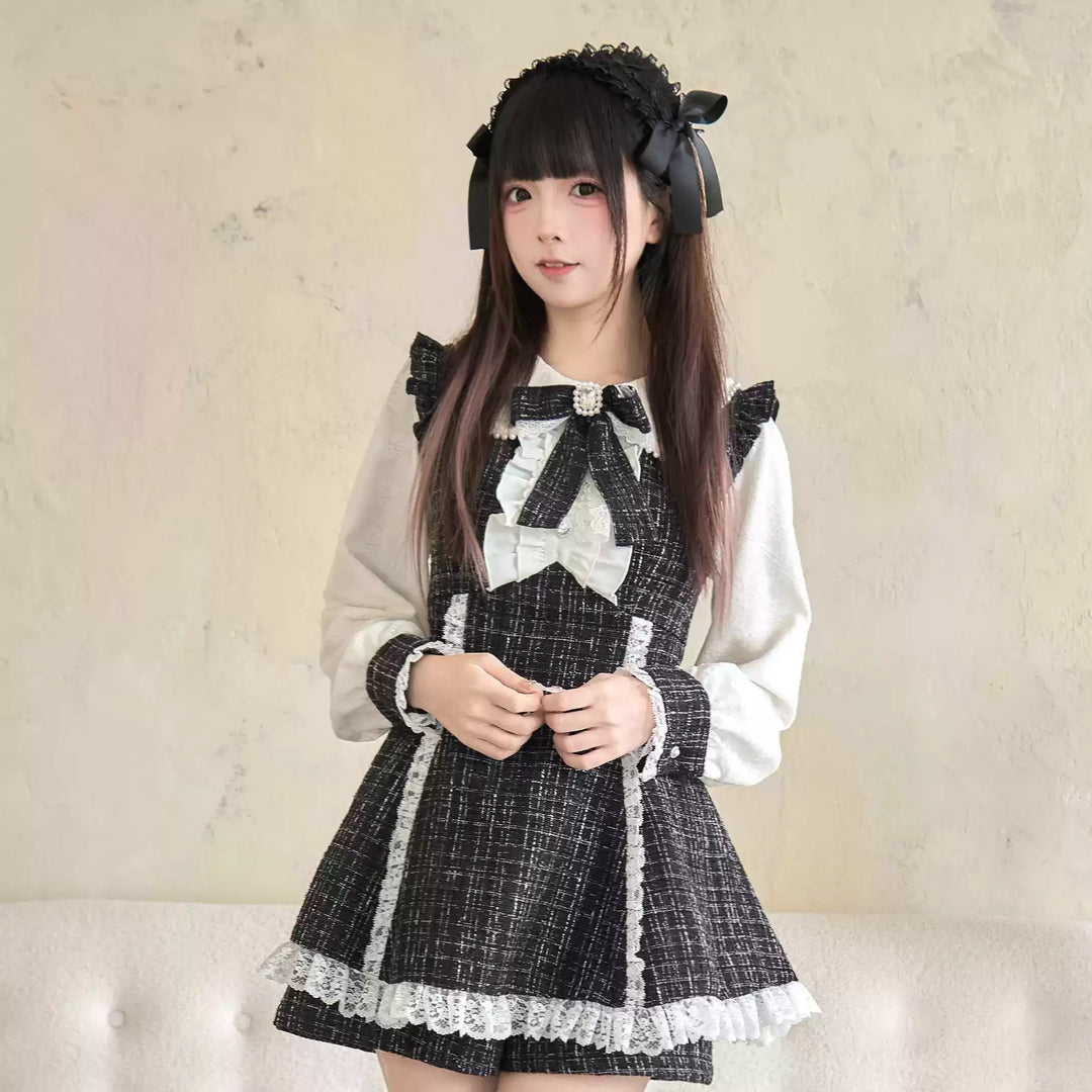 Winter Jirai Kei Dress Set Black Plaid Dress And Shorts Set 41406:700996