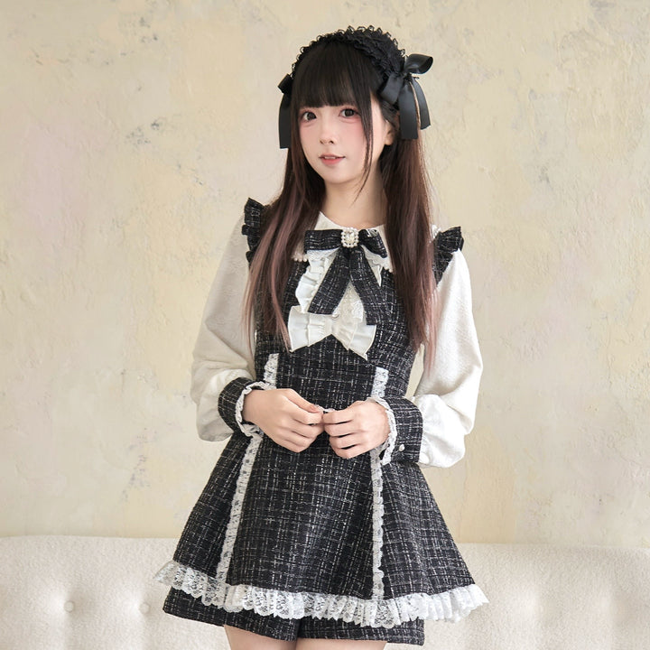 Winter Jirai Kei Dress Set Black Plaid Dress And Shorts Set 41406:701000