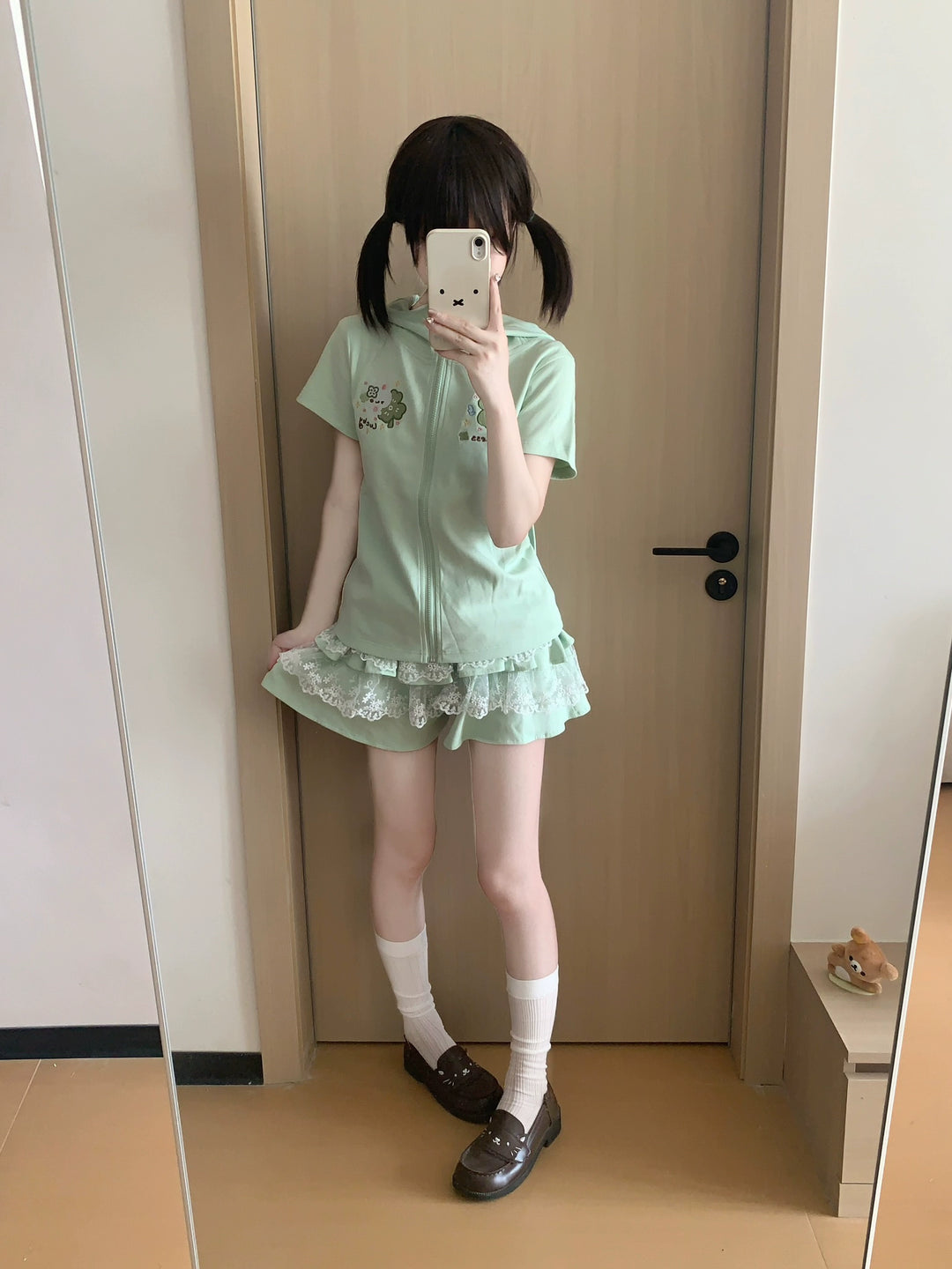 Bunny Eared Kawaii Outfit, Zip-Up Sweatshirt + Lace Skirt 43558:779758