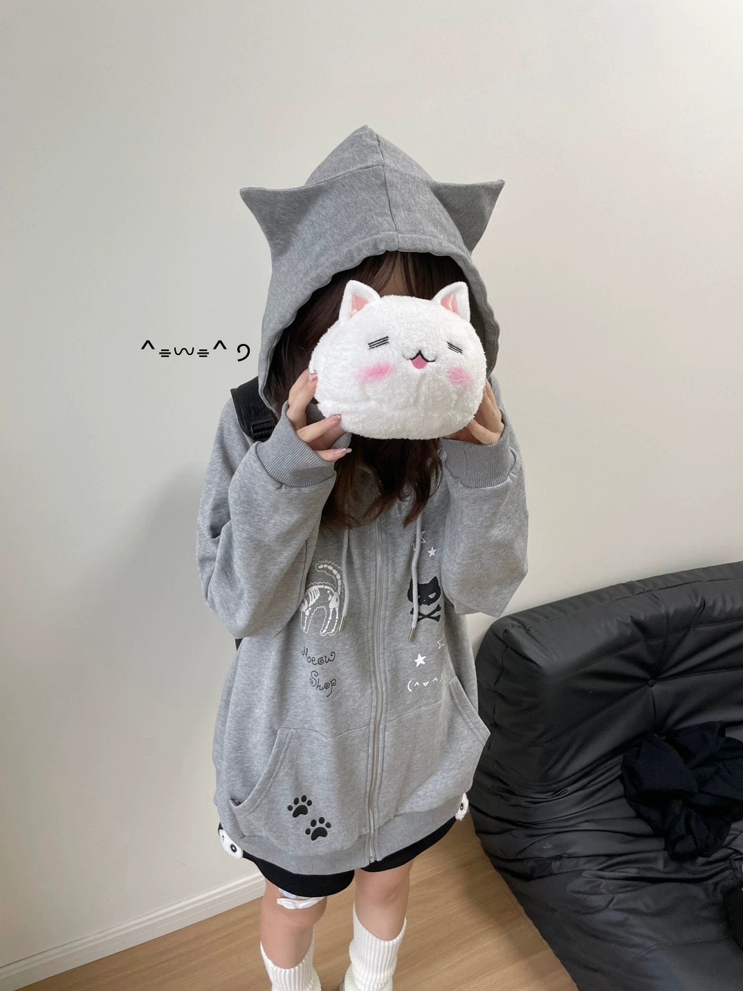 Yami Kawaii Coat Skull Cat Print Grey Hoodie Jacket 39706:637126