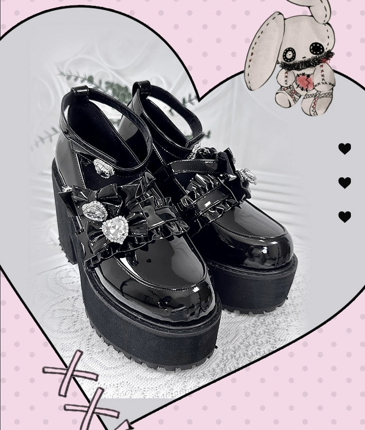 Jirai Kei Platform Shoes with Heart Rhinestone and Ruffle Trim Bow 41582:704330