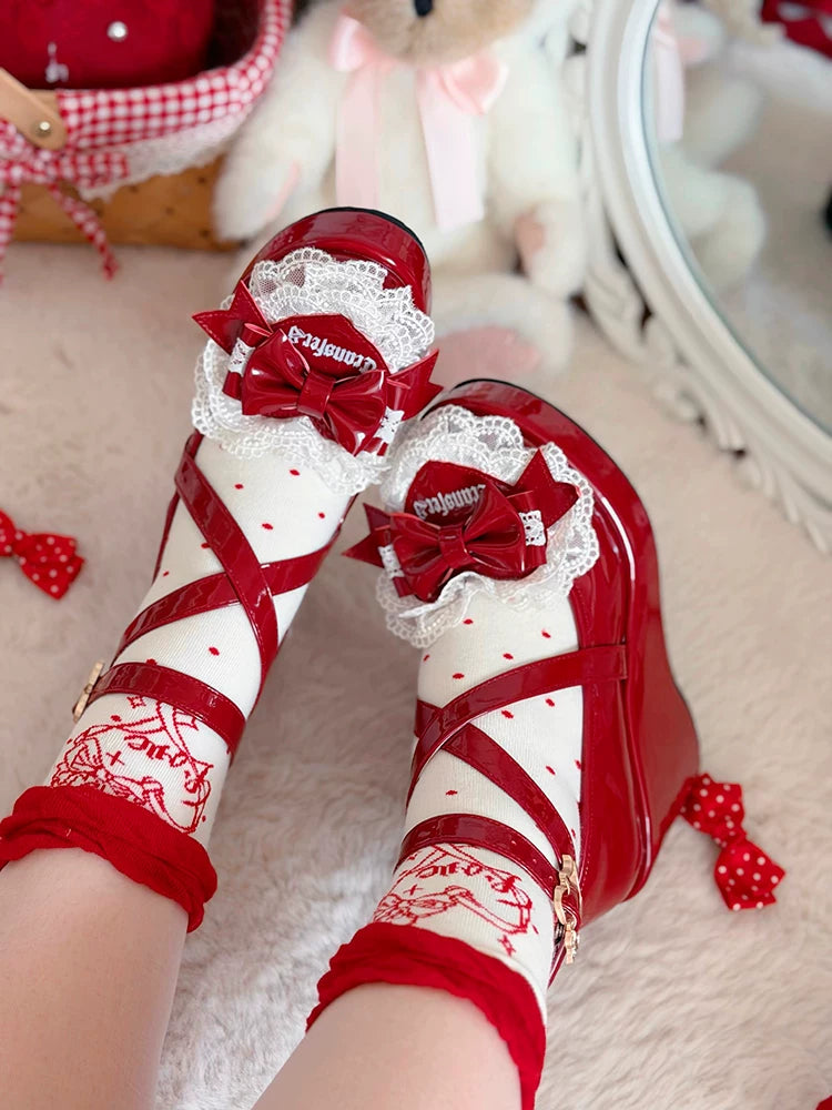Sweet Lolita Wedge Shoes, Heart & Bow Details 45951:872530