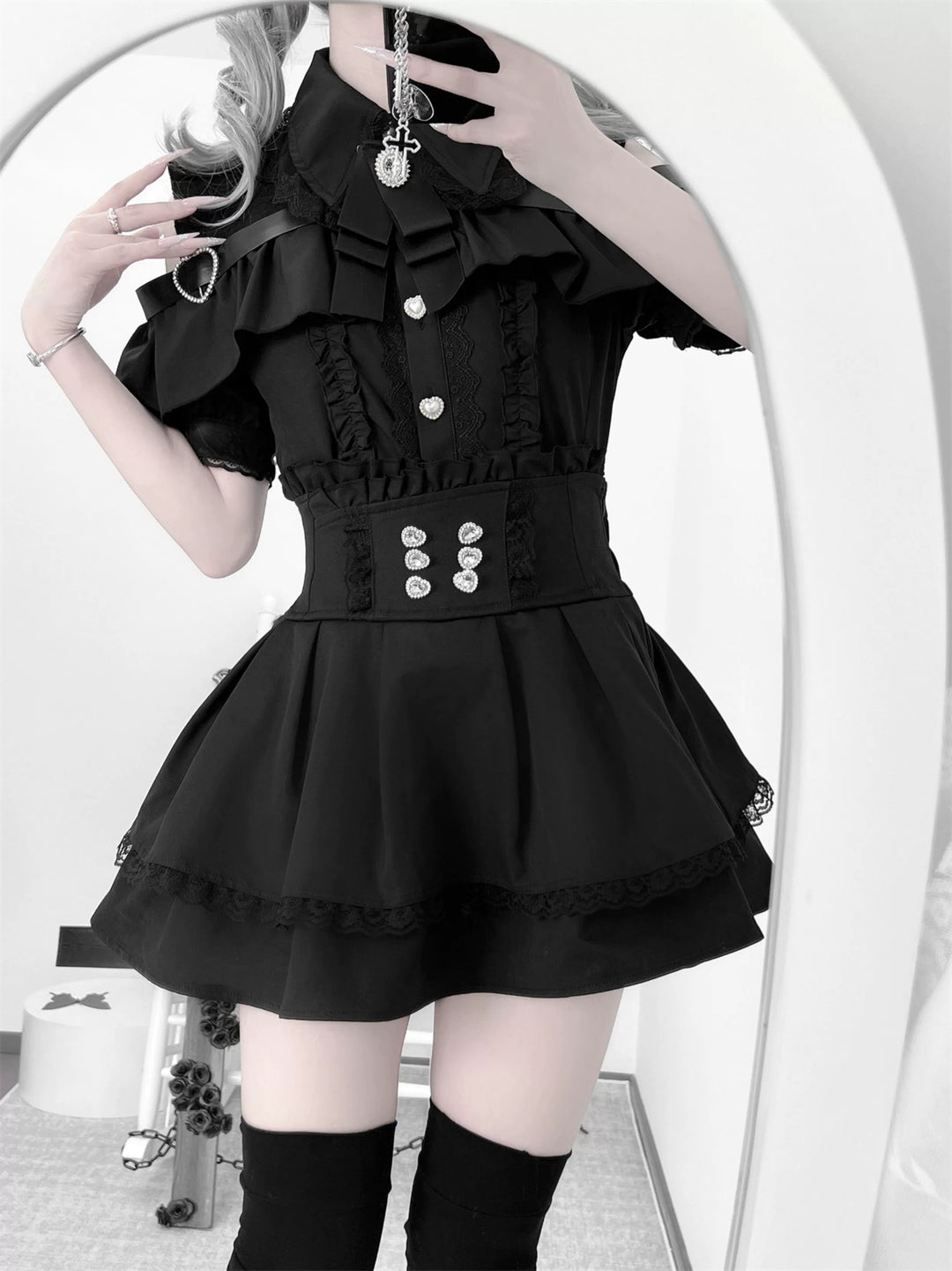 Black Jirai Kei Skirt High Waistband With Rhinestones 43246:771051