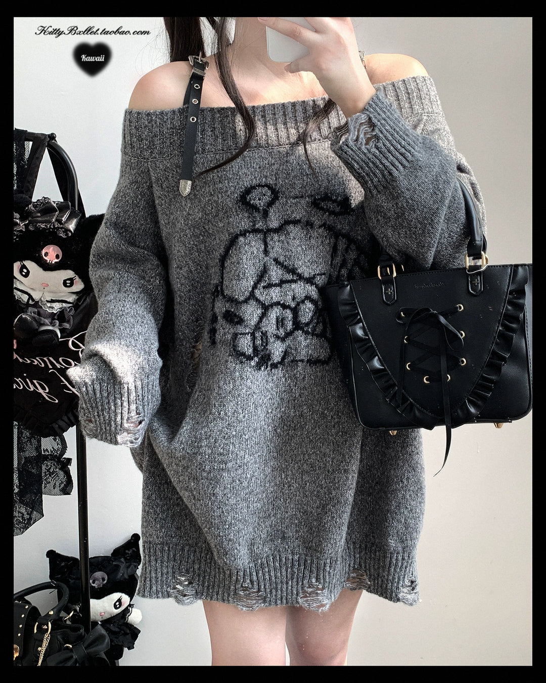 Plus Size Jirai Kei Sweater Off-shoulder Knit Top (Grey) 40414:668680