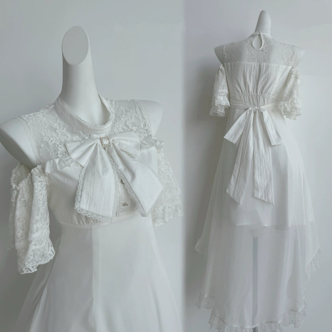 Elegant Long Jirai Kei Dress, Lace Ruffle Open-Shoulder 43651:782319