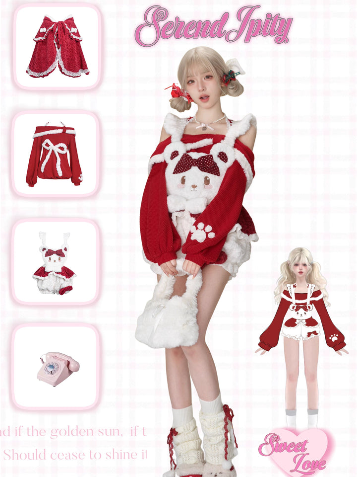 Christmas Outfit Set Red Cape Sweater And Shorts 41134:692150