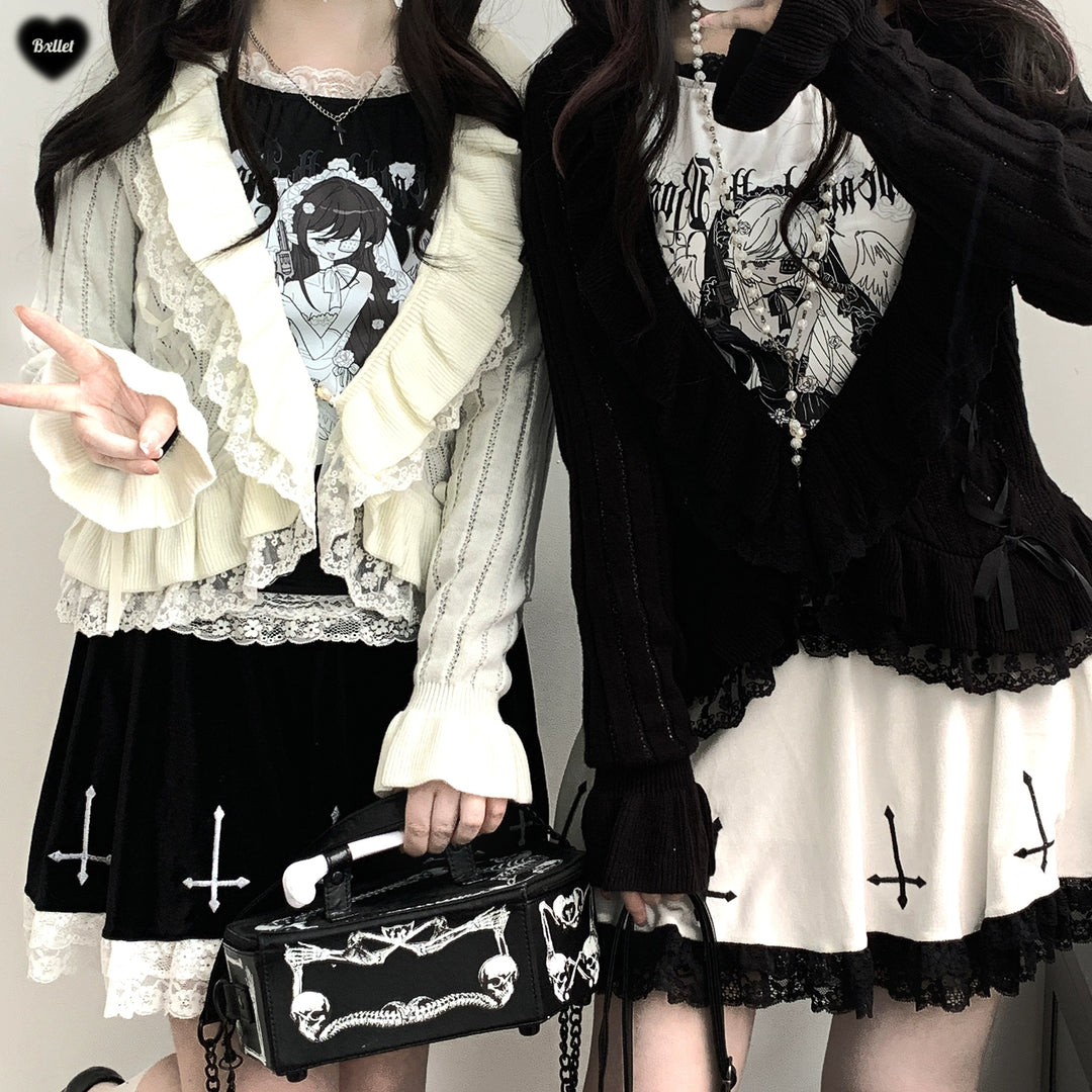 Jirai Kei Shirt Lace Hooded Bow Print Top 40016:651042