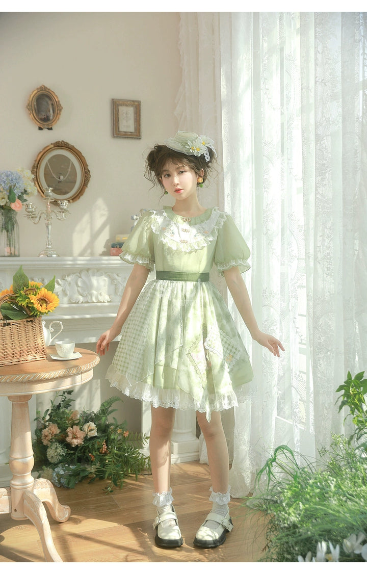 Cottagecore Dress Green Patchwork Lace Lolita Dress 35906:568334