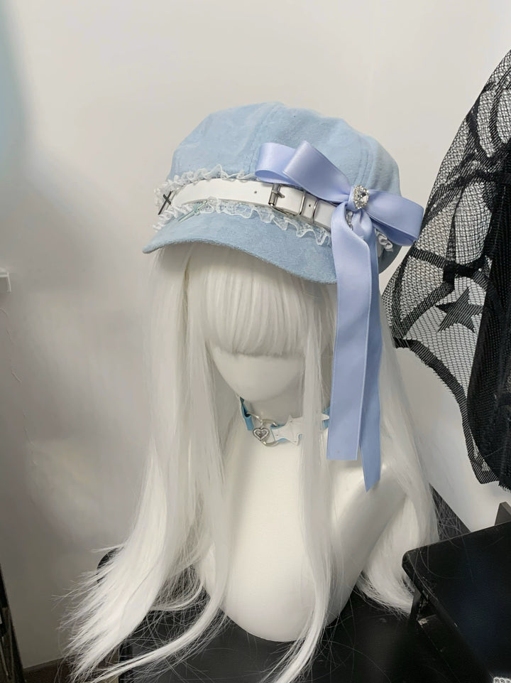 Jirai Kei Hat Black Blue Beret With Heart-shaped Rhinestone 35188:483770 35188:483770