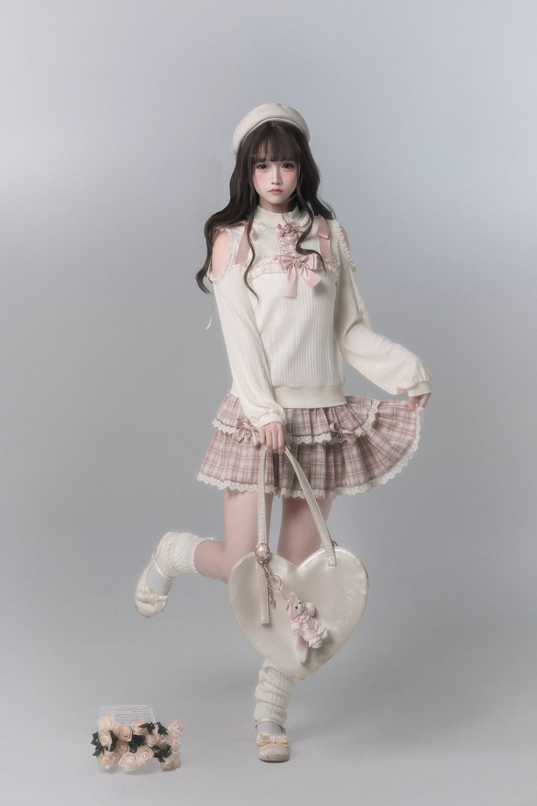 Ryousangata Open-Shoulder Sweater, Tiered Plaid Skirt 44776:824066