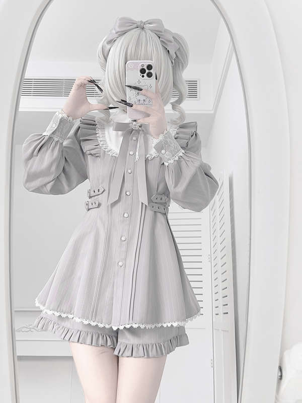 Jirai Kei Striped Dress, Lace Trim and Ruffles 45369:848087