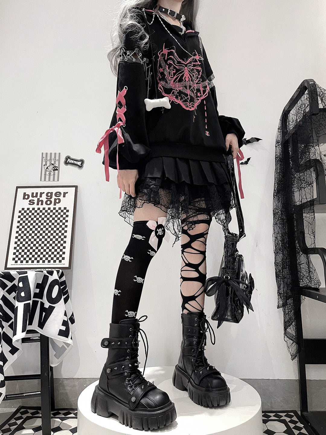 Jirai Kei Outfit Set Gothic Sailor Collar Sweatshirt Set 35762:517416 35762:517416