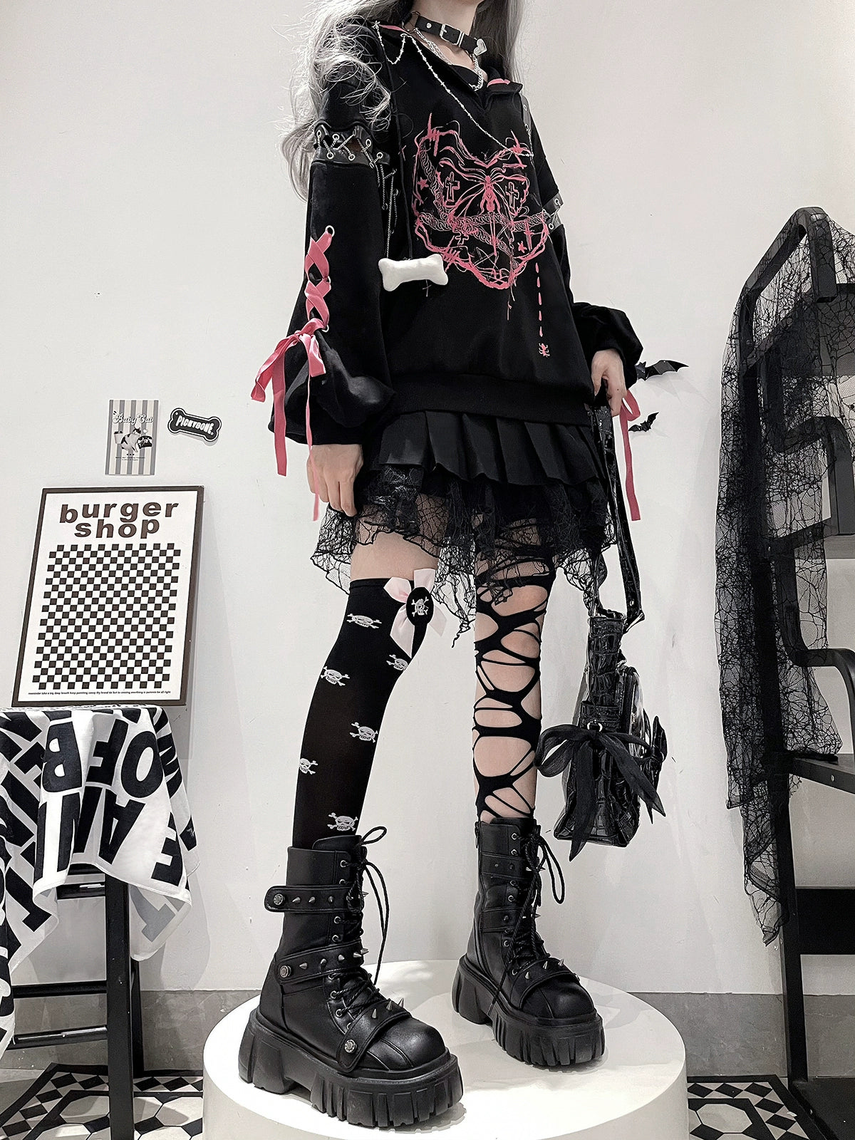 Jirai Kei Outfit Set Gothic Sailor Collar Sweatshirt Set 35762:517416